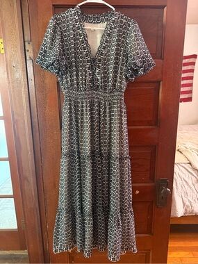 knee length dresses for ladies Max Studio Flowy Ruffle Collar Tiered Yellow Floral Maxi Dress